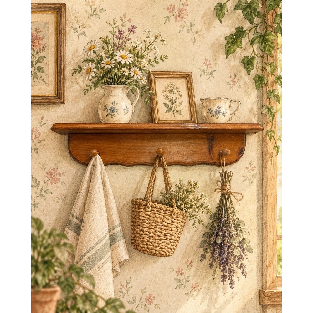 Vintage Wood Wall Shelf 3 Peg Hooks Brown Rustic Farmhouse Decor 20" Cottagecore